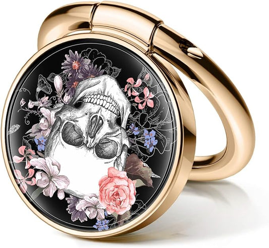 Cell Phone Ring Holder, Cute Metal Phone Grip Stand Finger Ring Kickstand, Flexible 360°Rotation Phone Tablet Case Accessories Compatible with Most Phones Cool Flower Skulls