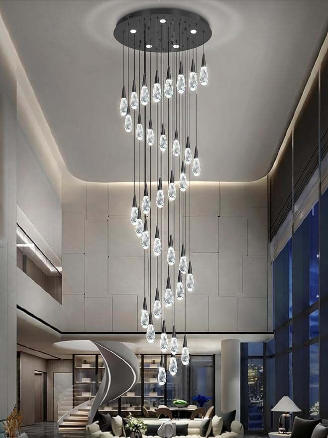 H 177" Moderm Extra Large Chandelier 36-Lights Foyer Chandelier for High Ceiling Crystal Pendant Light Fixture Raindrop Chandeliers for Staircase Villa Living Room (Black
