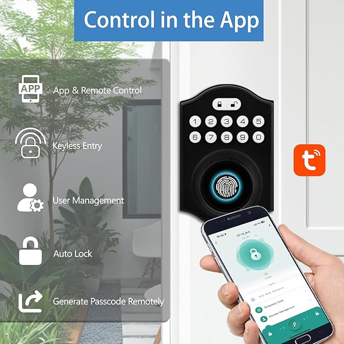 Fingerprint Smart Door Lock Keyless Entry, Keyless Entry Door Lock with Keypad, App Control, Auto Lock, Easy to Install, Smart Deadbolt for Home, Airbnb, Apartment (Black)