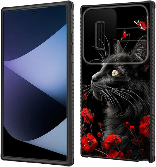 for Galaxy S25 Ultra Case Built in Slide Camera Lens Cover,Heavy Duty Shockproof Protection Dual Layer Case for Samsung Galaxy S25 Ultra 6.9" 2025,Black Cat Flowers and Butterflies