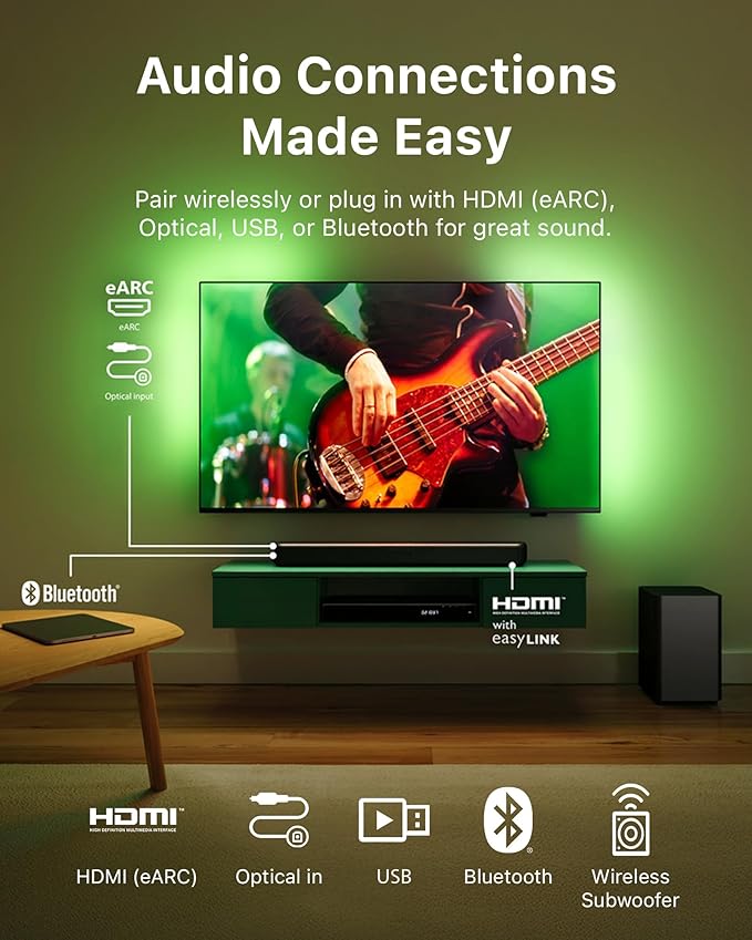 Philips B4500 2.1 Channel Soundbar with Wireless Subwoofer - Bluetooth, HDMI ARC, Roku TV Ready, 140W Max Power, Black