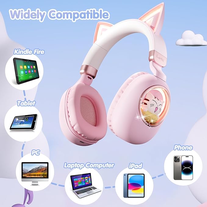 esonstyle Kids Headphones Cat Ear - Bluetooth 5.4 Over-Ear Noise Cancelling Headphones with Microphone LED Lights Up 85dB Safe Volume Limit Wireless or 3.5mm Wired USB C for Travel iPad Tablet (Pink)