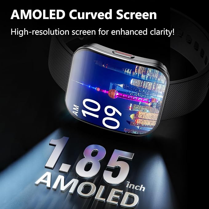 Smart Watch for Men Women, Bluetooth Calls, AI Dial,AI Q&A,1.85" HD AMOLED Curved Display Fitness Watch with Heart Rate/SpO2/Stress Monitor, Pedometer,110+ Sports Waterproof IP68 Smartwatch,Deep Black