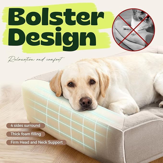 Orthopedic Dog Beds for Extra Large Dogs, Waterproof Cooling Gel Memory Foam XL Pet Bed with Sides, Non-Slip Bottom and Egg-Crate Foam with Washable Removable Cover,42.0" LX30.0 WX9.0 Th Beige