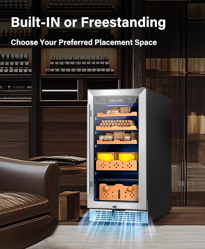 15'' Under Center Humidors Freestanding, 80L Electric Cooler Cabinet 500 Counts Capacity with Humidity and Temperature Digit Control, Spanish Wood Shelves Luxury Compressor for Home Office Gift
