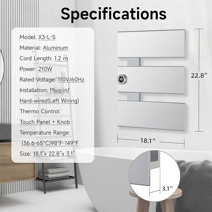 P&Bhusri Electric Heated Towel Rack, Silver Towel Warmer with Adjustable Temperature (98–149°F) and Timer (1-24h, On), Fast Heating and Drying for Bathroom, Memory & Remote Control Compatible