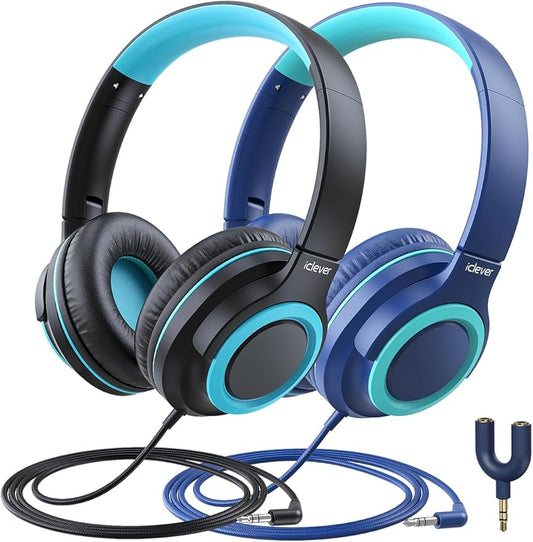 iClever 2Pack Kids Headphones with Sharing Splitter - 85dBA Safe Volume Limited - HS22 Wired Headphones for Kids Teens, Tangle-Free 3.5mm Jack Foldable Stereo Headphone for School/Tablet/Travel