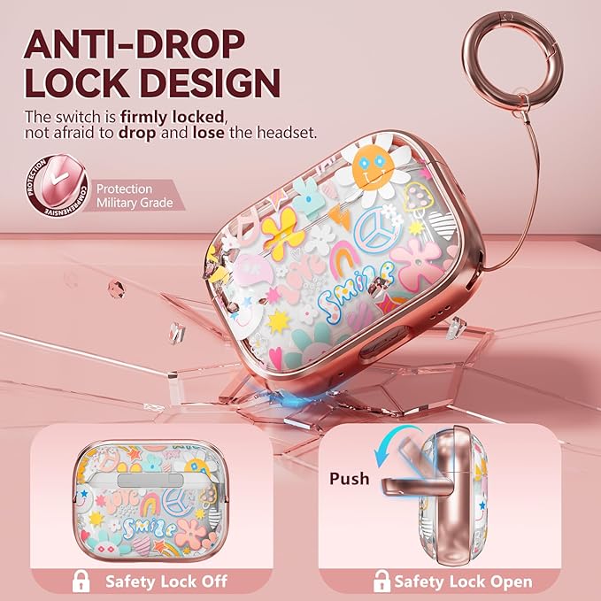 Inesore for AirPods Pro 3 Case 2025 with Lock, for Women Girly Floral Clear Case Compatible with Apple Airpods Pro 3rd Generation Cover, with Phone Stand,Keychain & Cleaner Kit-Pink Smile Graffiti