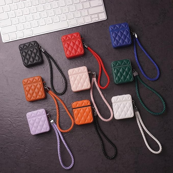 Earphone Case for AirPods Pro, Elegant Classical Diamond PU Leather Surface Earphone Case Soft Silicone Case, AirPods Pro Cover Protective Case Skin Protector for Earbuds +Lanyard-Green 1