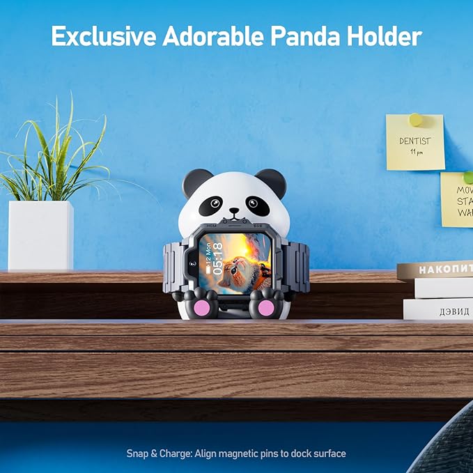 4G Kids Smart Watch, T17 Smartwatch Gifts with Panda Holder, GPS Tracker, Video Calling, SOS, Voice Chat, SMS, School Mode, Puzzle Games, HD Touch Screen for Boys & Girls 3-12（Gray）