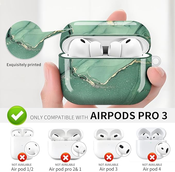 Compatible with AirPod Pro 3 (2025),Cute Case Cover for Women & Men, Full Protection Shockproof Hard Case with Keychain, Wireless Charging Case Accessories(Green Luxury Marble)