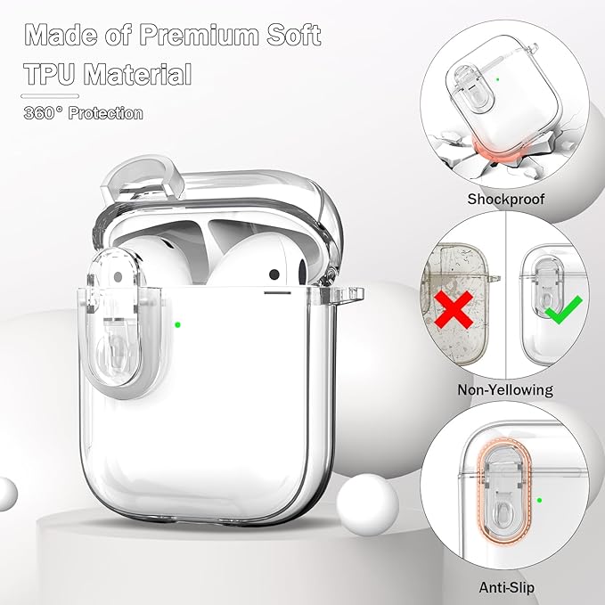 for Airpods 2nd Generation Case Cover with Secure Lock, Clear Soft TPU Transparent Military Grade Shockproof Protective Case with Cleaning Pen for Apple Airpods 2nd 2019, Clear White