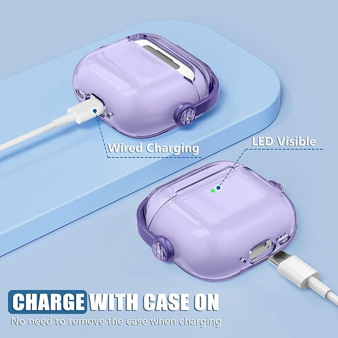 Safety Lock for Airpods 4 Case,TPU Clear Case for Apple Airpods 4 Case 2024 USB-C with Cleaner Kit, Drop Protection Airpods 4 Case Cover for Men for Women with Lock and Keychain, Clear Purple