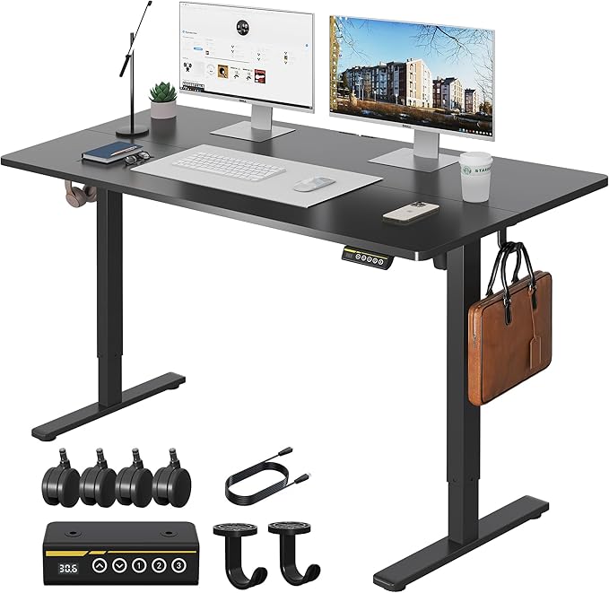 55x28 Large Electric Standing Desk Adjustable Height Stand Up with Lockable Wheels 27.6" Deep Ergonomic Sit Stand Desk for Home Office Work Computer Desk Workstation