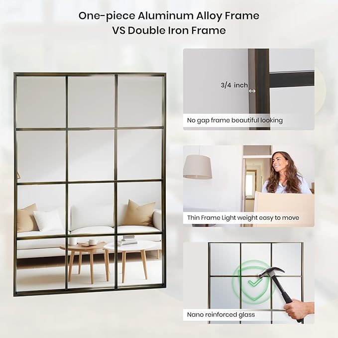 Windowpane Wall Mirror 24"x36" Bronze Wall Mounted Art Pane Mirror Farmhouse Decorative Mirror Leaning Hanging Wall Mirror for Bedroom Living Room Entrance Hallway Wall Decor