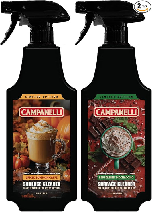 CAMPANELLI Multi-Surface Cleaner Spray Bundle – 2 Pack All Purpose Cleaning Spray – Spiced Pumpkin Caffè + Peppermint Mochaccino Scent, 20 oz Each