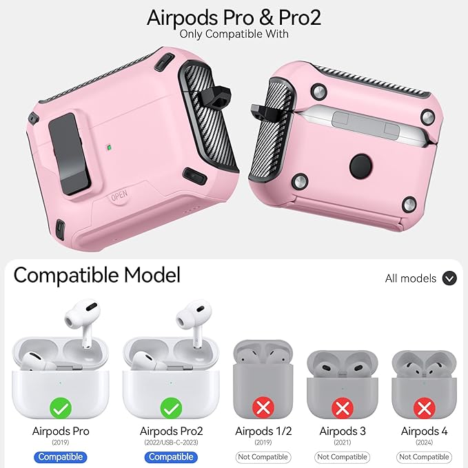 for AirPods Pro 2nd/1st Case (2023/2022/2019) with Phone Stand,（with Automatic Snap Switch） Carbon Fiber Design Protection Cover with Cleaning Pen,Pink
