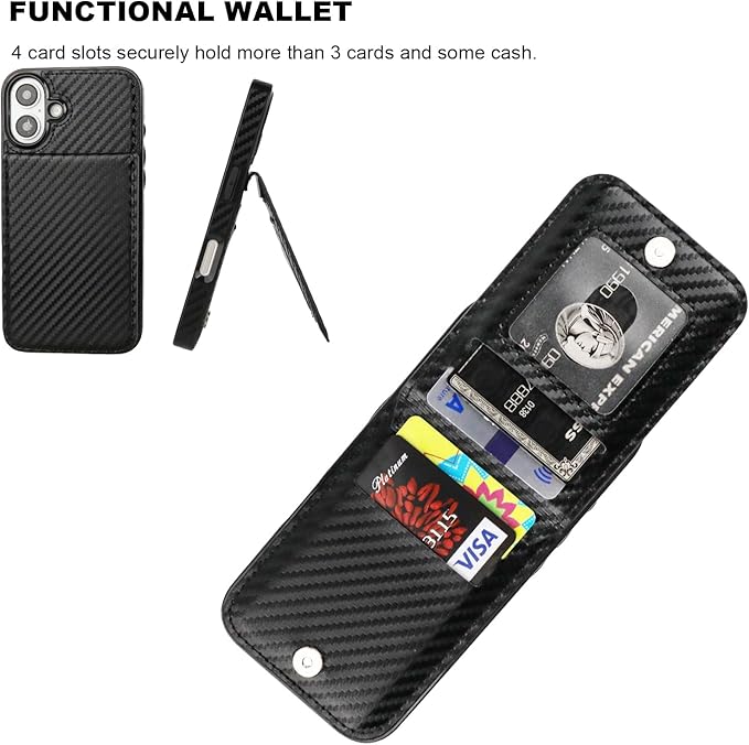 KIHUWEY Compatible with iPhone 16 Case Wallet with Credit Card Holder, Flip Premium Leather Magnetic Clasp Kickstand Heavy Duty Protective Cover for iPhone 16 6.1 Inch (Carbon Black)