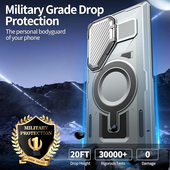 Camera Stand Case for Galaxy S25 Ultra, [Compatible with Mag Safe][Lens Cover] 2024 Version Military Grade Protective Soft Case for Samsung Galaxy S25 Ultra 6.86" Men Women, Grey