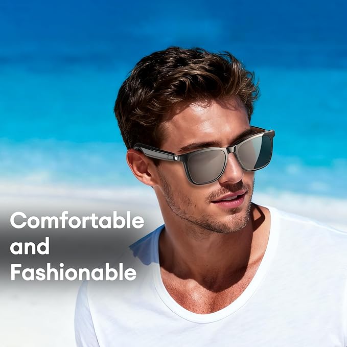 Smart Glasses with Magnetic Detachable Polarised Lenses, Bluetooth 6.0 Sunglasses, Polarized UV Protection, Stylish Bluetooth Glasses for Men & Women, Outdoor Travel Beach City Life, MG-C08 Black