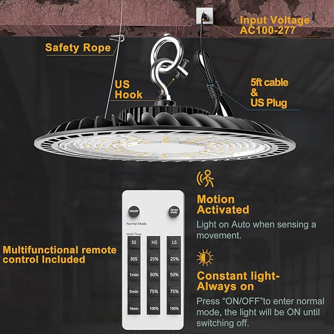 Smart 200W HIgh Bay LED Lights with Smart Controller Supports Normal Mode & Motion Sensor Mode(Energy Saving) ETL Listed UFO Lights for 25-35FT Warehouse-4Pack