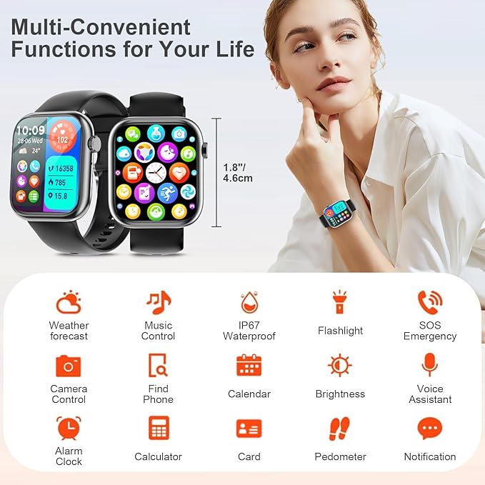 GADIXY Smart Watches for Men Women with Bluetooth Calls,1.83" HD,7 Day+ Battery Fitness Tracker with SpO2/HR/Sleep/BP Monitor,110+ Sports Activity Trackers,IP68 Smart Watches for Android iOS Black