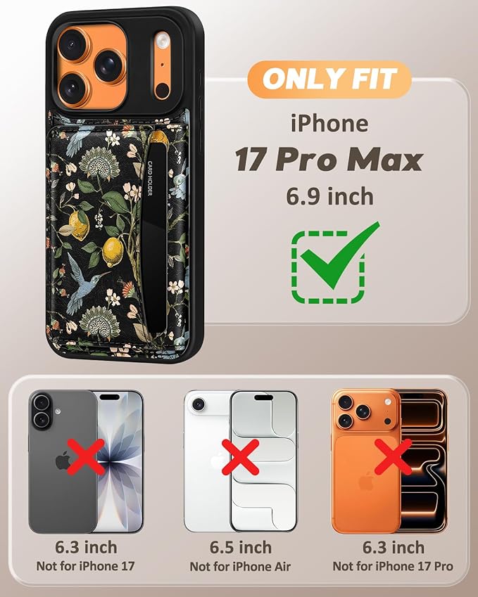 for iPhone 17 Pro Max Case with Wallet - Fits 4 Card Slots, Compatible with MagSafe for Women Aesthetic PU Leather Credit Card Holder Kickstand Phone Cover for Apple 17 Promax, Lemon Bird