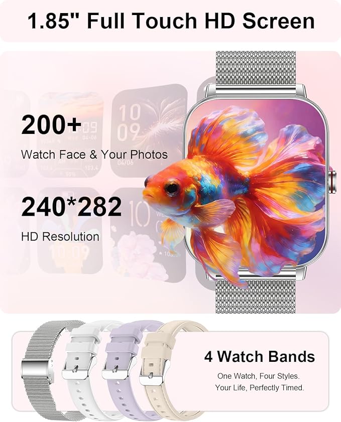 Smart Watches for Women,1.85'' HD Smartwatch with 30 Day+Battery Life Make/Answer Calls,Heart Rate/SpO2/Sleep Monitor, 120+ Sports IP68 Fitness Tracker for Android iOS(1000mAh,4 Bands,Silver)