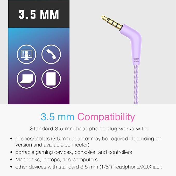 MEE audio KidJamz KJ55 Wired Children’s Headphones with 3.5mm Plug, Colorful Graphics, Volume Limiter & Microphone, Adjustable On-Ear Kids Headset for Online Learning/School/Travel/Tablet (Lavender)