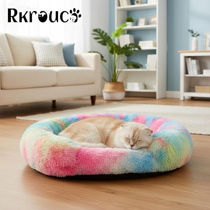 Fluffy Dog Bed Calming Donut Beds for Large Dogs Warming Round Small Medium Pet Nest Cozy Cat Mattress Indoor Washable Puppy Kennel Kittens Sleep Mat (XS, 20×20 inch, Rainbow)