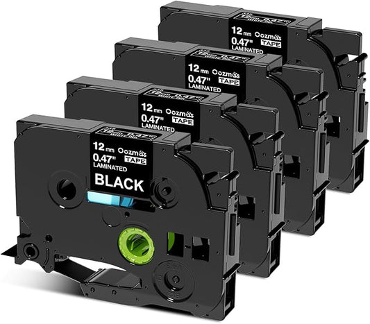 Oozmas TZe-335 Black Label Tape Replacement for Brother Label Maker Tape White on Black P-Touch TZe Tz 12mm 0.47 Laminated Work for PT-D210 PT-H110 PT-D200 PT-1750 PT-1290 Ptouch Refills, 4-Pack