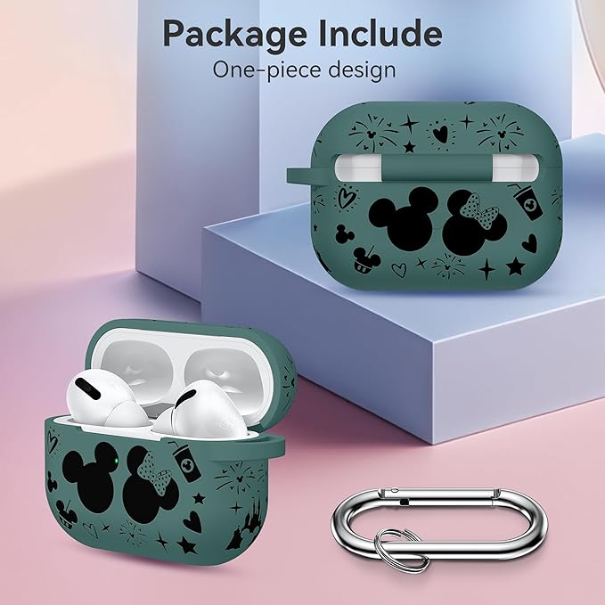 Compatible with Airpods Pro 2nd/1st Generation Case Cover with Keychain, Women Men Soft Silicone Two-Tone Cute Cartoon Engraved Convenience Protective Case, Front LED Visible Green/Black