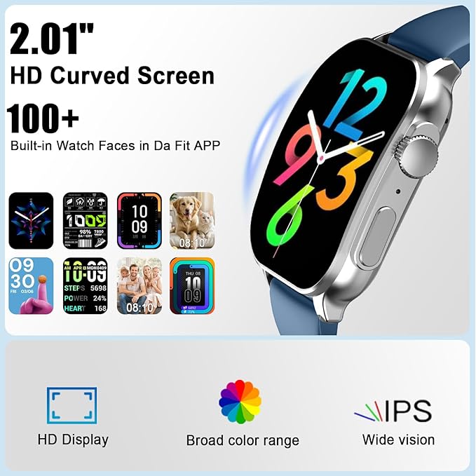 Smart Watch for Men/Women, 2.01" AMOLED Curved Display Fitness Tracker with Answer/Make Calls, 100+ Sport Modes, 24/7 Heart Rate/Sleep Monitor/Pedometer, IP68 Waterproof Watch, for Android iOS Blue