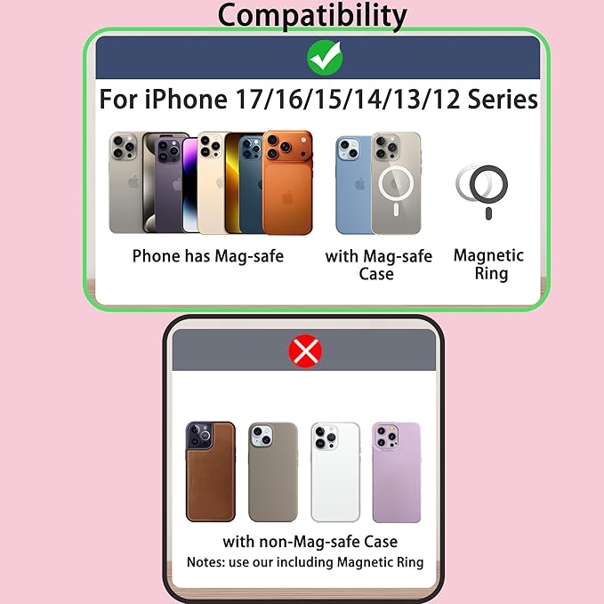 Magnetic Phone Grip Holder for Magsafe Phone Grip iPhones with Magnetic Phone Ring Kickstand,360 Adjustable Phone Holder for Hand and Phone Ring Holder Grip for Videos, Travel, Workout,Pink