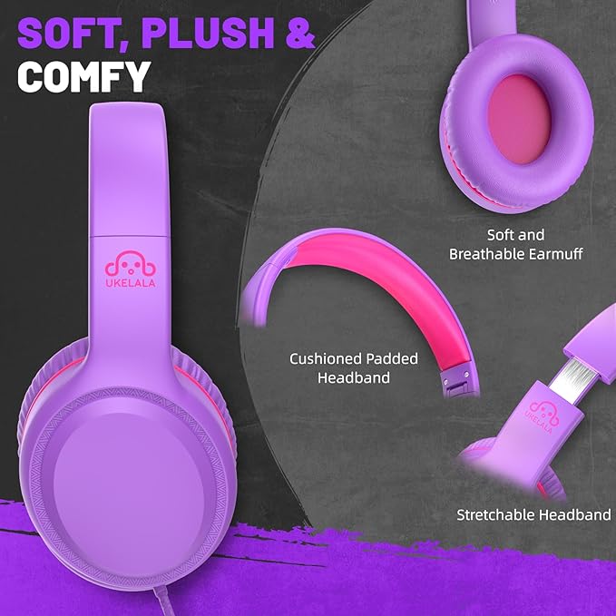 Purple Wired Headphones for Boys Portable On Ear Youth Headphones for School Airplane Travel Lightweight Portable Compatible with Pad Computer Laptop for Adults Student Children Girls Kids