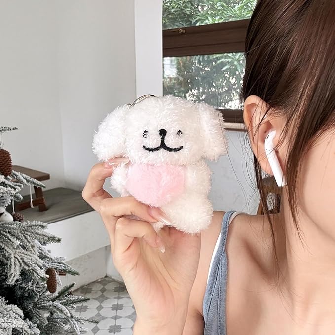 Yatchen Furry Case for AirPods 4,Funny Cute 3D Cartoon Plush Kawaii White Love Dog Design Fluffy Soft Warm for AirPods 4rd Generation Case Carrying Charging Box with Keychain Anti-Fall Protective Case