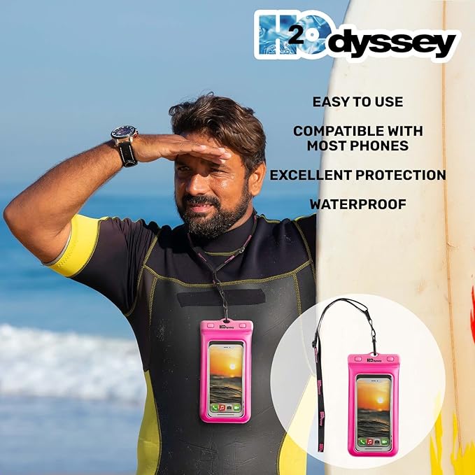 H2ODYSSEY Waterproof Phone Case and Lanyard - Excellent Waterproof Protection - Floats in The Water -Lanyard for Beach Kayak Travel - Universal Size - Pink
