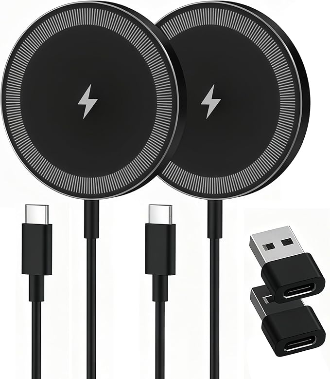 Magnetic Wireless Charger Charging Pad: 15W Qi Fast Portable Slim Charger Puck for iPhone 17e 17 Air 17 Pro Max 16 15 14 13 12 Series S26 & AirPods 4 3 2 Pro - Include USB-C/A Dual Ports (2Pack Black)