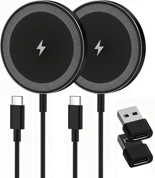Magnetic Wireless Charger Charging Pad: 15W Qi Fast Portable Slim Charger Puck for iPhone 17e 17 Air 17 Pro Max 16 15 14 13 12 Series S26 & AirPods 4 3 2 Pro - Include USB-C/A Dual Ports (2Pack Black)