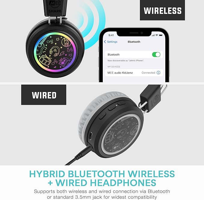 MEE audio KidJamz Share Bluetooth Headphones for Kids with LED Lights, 85dB Volume Limiter, Microphone, 40h Battery; Childrens Headset for School/iPhone/iPad/Tablet (Model: KJ55BT-S, 2-Pack)