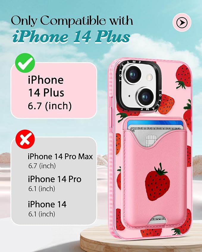 Toycamp for iPhone 14 Plus Case - Compatible with Magsafe Credit Card Holder Wallet Magnetic Cute Women Teen Girls Kawaii Girly Unique Strawberry Design Phone Cover for iPhone 14 Plus