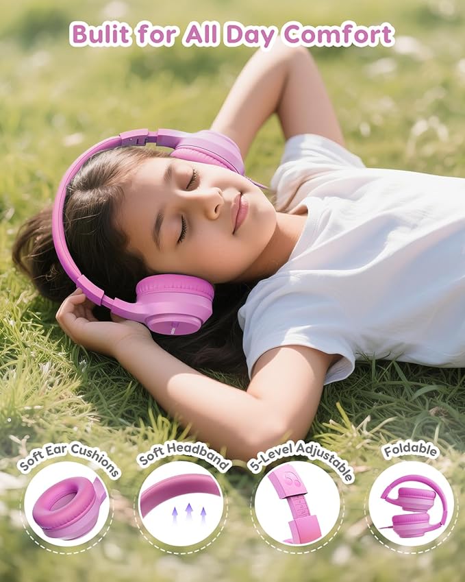 USB-C Kids Headphones, 74/85/94dB Volume Limiter, Foldable Wired Over Ear Headphones for Travel, Toddler Headphones for School, Travel, iPad, Tablet, Pink Gradient