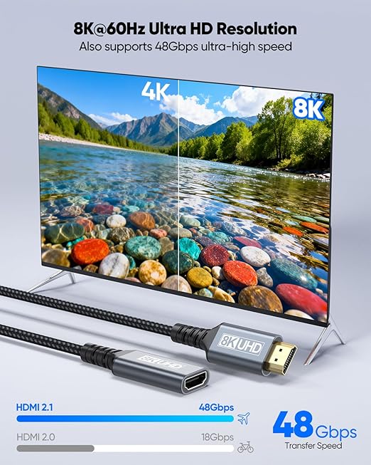 8K HDMI Extender Cable 6FT, 48Gbps HDMI Extension Cable Male to Female Adapter Support 8K@60Hz/4K@120Hz/Dynamic HDR/eARC, Compatible with Fire Stick/Roku Stick/HDTV/Monitor/Laptop/PS5/PS4