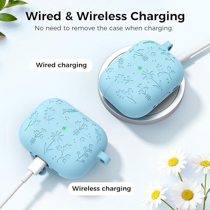 AhaStyle AirPods Pro 3 Case Cover (2025) Flower Engraved Cute Silicone AirPods Pro 3rd Generation Case Full Body Shockproof Cover Skin for Apple AirPods Pro 3rd Gen with Cleaning Kit for Women Girls