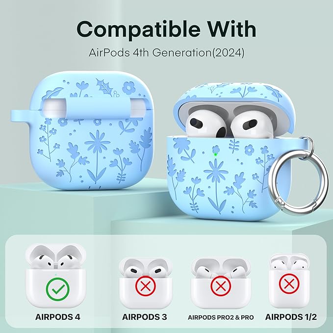 Maxjoy for AirPods 4 Case, Engraved Silicone Cute AirPod 4 Case for Women Men Protective iPod 4 Cover with Keychain Cleaning Kit for AirPod 4th Generation Cover 2024, Blue