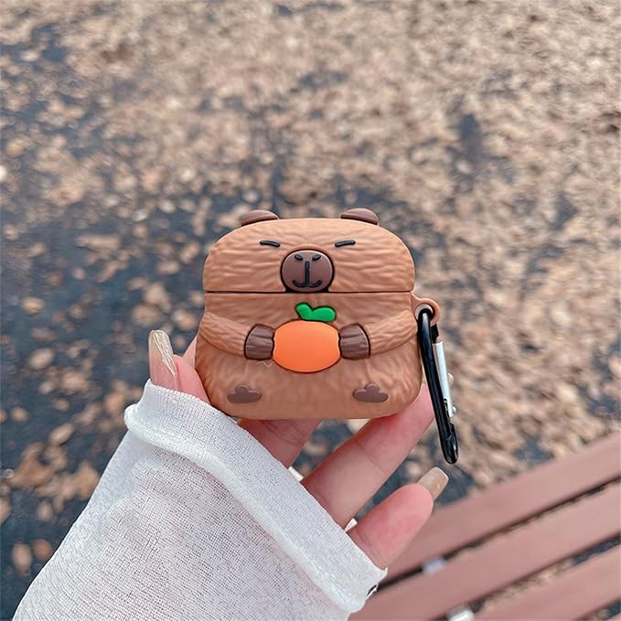 Case Compatible with 2024 Airpods 4, Cute Kawaii Capybara Design Earbuds Cover, Kids Boys Girls Portable Accessories Soft Silicone Wireless Earphone Shockproof Protector for Gifts Brown