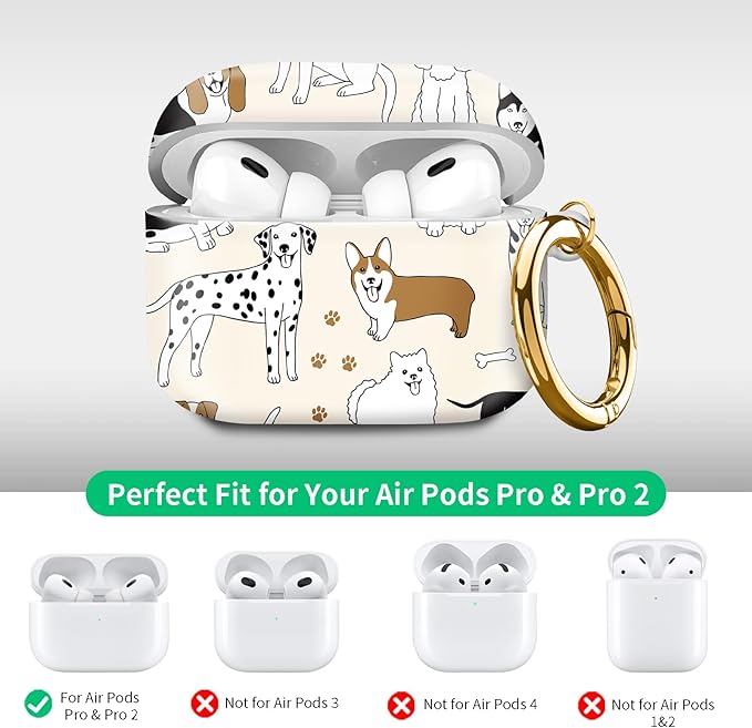 Compatible with Airpod pro 2nd/1st Generation Case Cover with Gold Round Keychain Cute Pattern Hard & Anti Slip Cover for Men Women & Girls（Various Dogs）