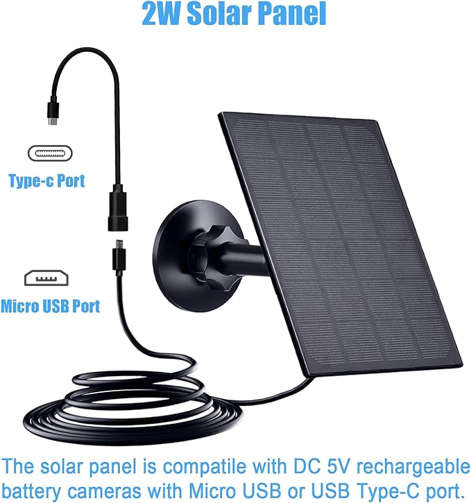 Zivif Solar Panel for Security Camera, 2W Solar Charger with Micro USB & USB-C Port for Rechargeable Battery Camera, with 360° Adjustable Security Mount, Black (2 Pack)