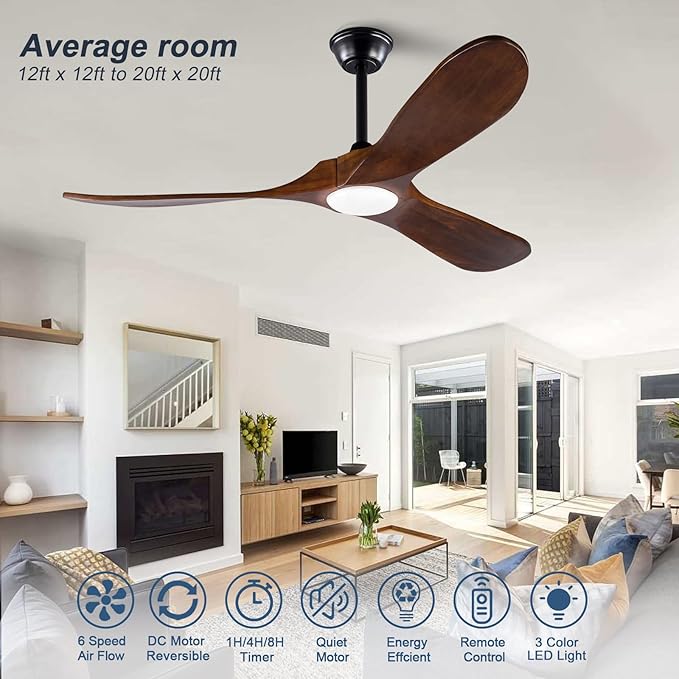 42 Inch Ceiling Fan with Lights, 42 Inch Wood Ceiling Fans with Remote Control, 3 Blades Reversible Quiet DC Motor Ceiling Fan, Indoor Outdoor for Living Room Bedroom Study