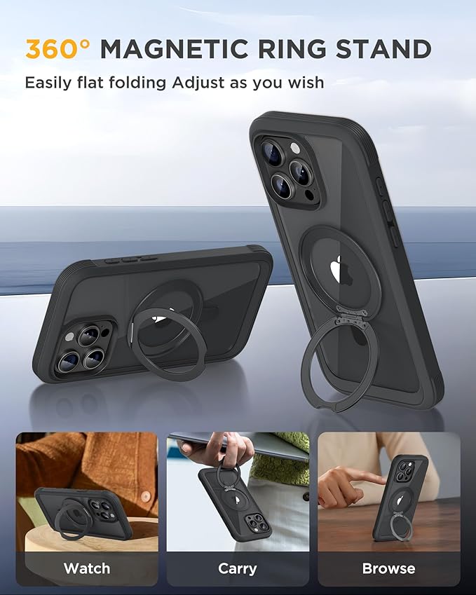 Miracase for iPhone 15 Pro Max Case with 360° Magnetic Ring Stand [Compatible with Magsafe] Full-Body Drop Proof Bumper Phone Case with Built-in 9H Tempered Glass Screen Protector,Black